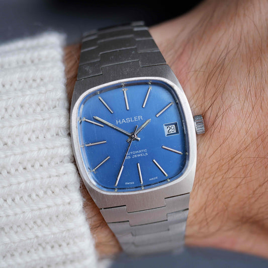 Vintage Hasler Blue Dial Watch 70s TV Case Automatic Swiss Made Mint