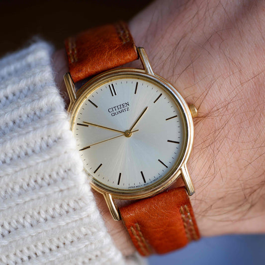 Vintage Citizen Dress Watch 80s Gold White Sunburst Dial Quartz