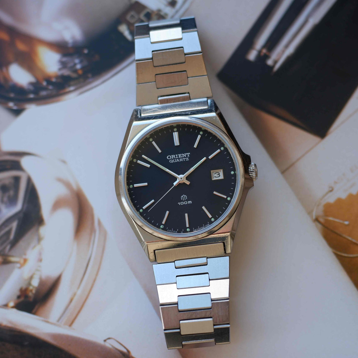 Vintage Orient 80s Charcoal Black Dial Date with Integrated Bracelet