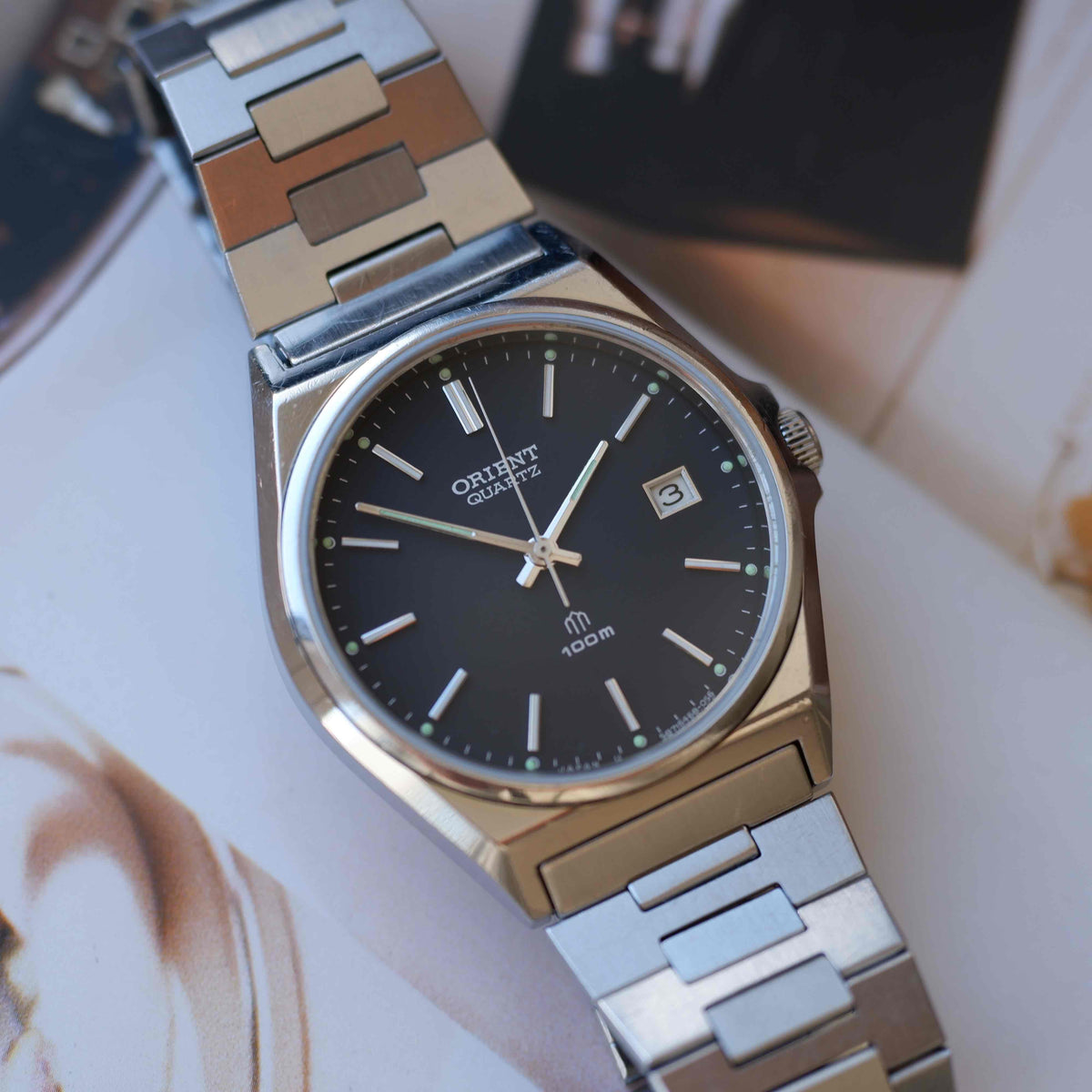 Vintage Orient 80s Charcoal Black Dial Date with Integrated Bracelet