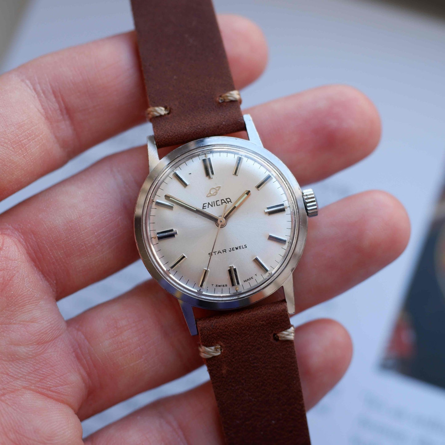 Vintage Enicar Star Jewels Silver Sunburst Dial Mechancial 60s