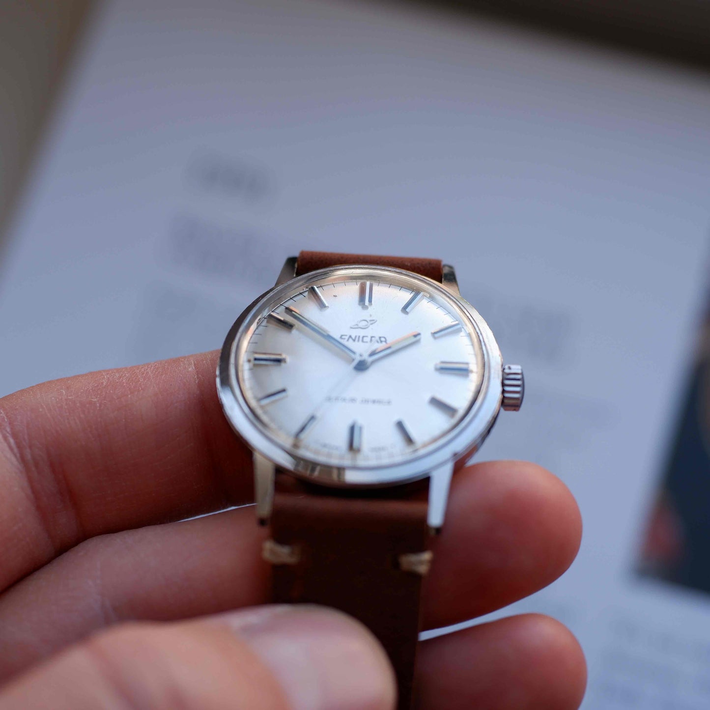 Vintage Enicar Star Jewels Silver Sunburst Dial Mechancial 60s