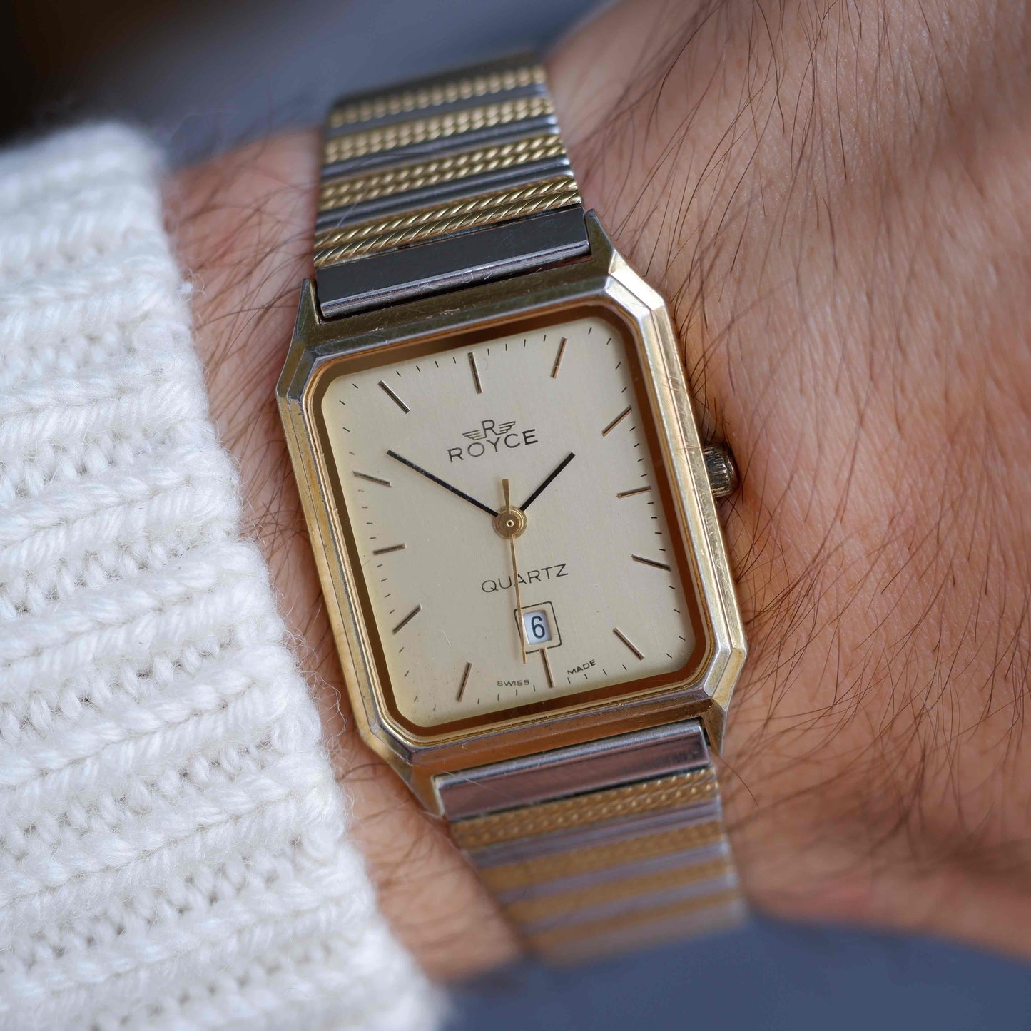 Vintage Royce Tank Watch 80s Gold Champagne Dial Quartz Two-Tone