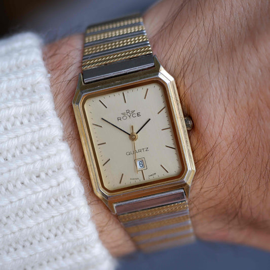 Vintage Royce Tank Watch 80s Gold Champagne Dial Quartz Two-Tone