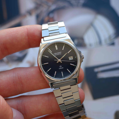 Vintage Orient 80s Charcoal Black Dial Date with Integrated Bracelet