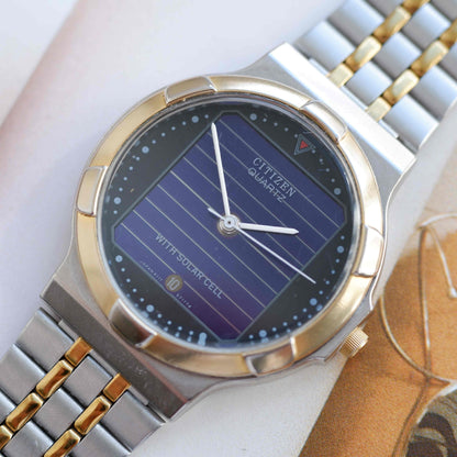 Vintage Citizen Solar Space Dial Quartz Watch 80s Two-Tone Date