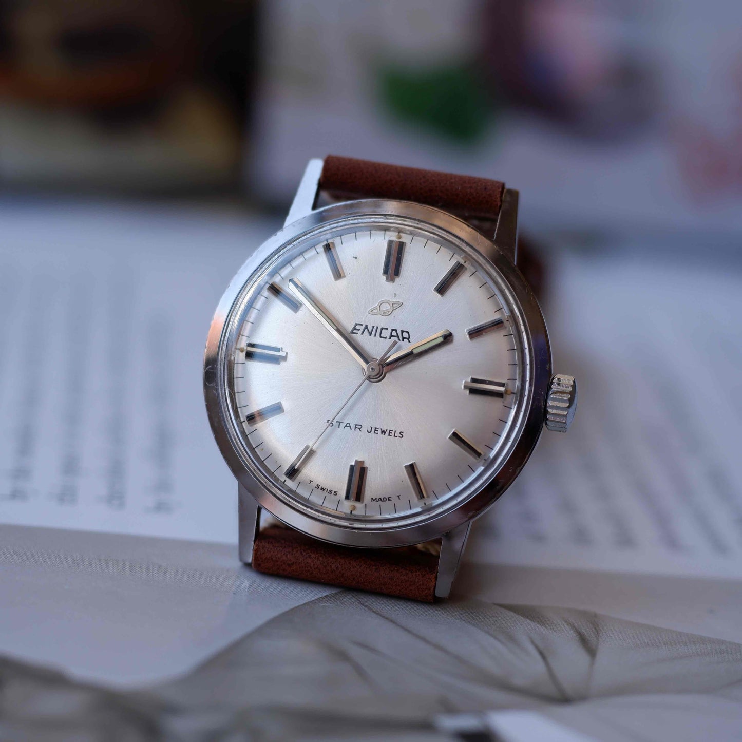 Vintage Enicar Star Jewels Silver Sunburst Dial Mechancial 60s