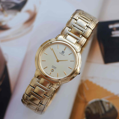 Vintage Citizen Noblia Date Quartz 80s Slim Case Champagne Dial NOS