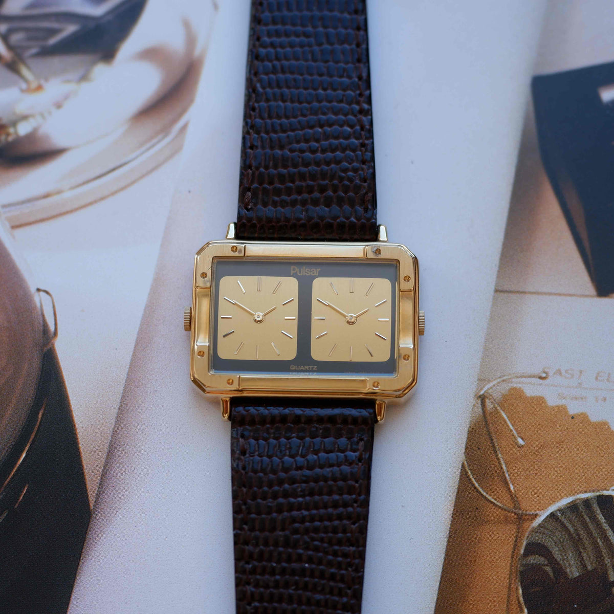 Vintage Pulsar Dual Time Twin Dial 80s Gold Watch – NOS with Box