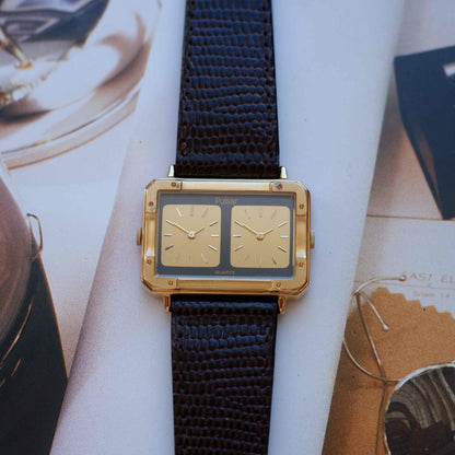 Vintage Pulsar Dual Time Twin Dial 80s Gold Watch – NOS with Box