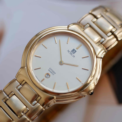 Vintage Citizen Noblia Date Quartz 80s Slim Case Champagne Dial NOS