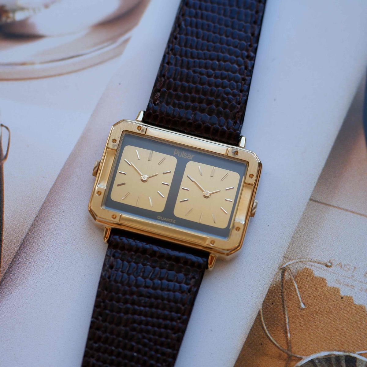 Vintage Pulsar Dual Time Twin Dial 80s Gold Watch – NOS with Box