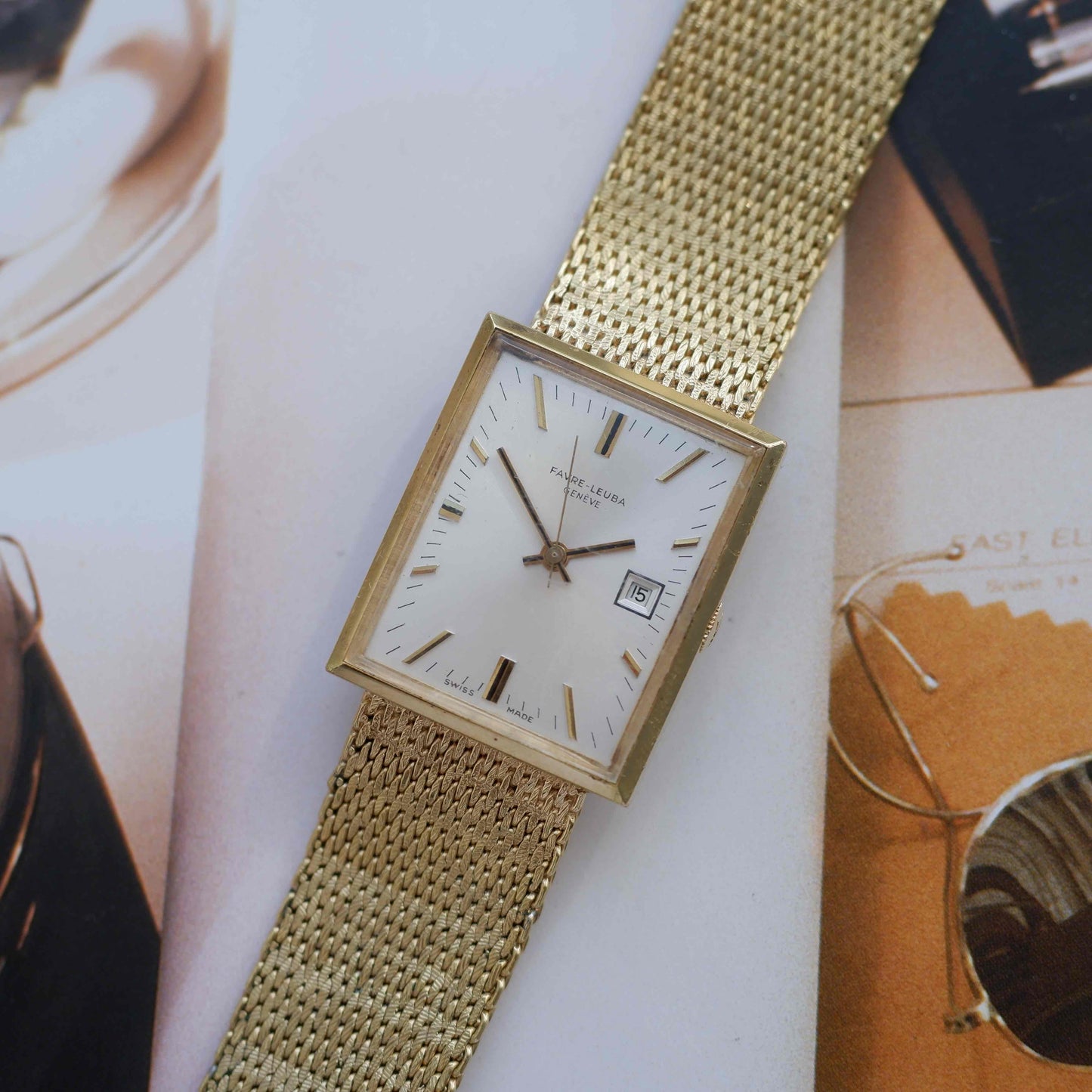 Vintage Favre-Leuba 70s Swiss Mechanical Tank Watch Golden Mesh Bracelet