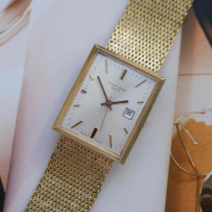 Vintage Favre-Leuba 70s Swiss Mechanical Tank Watch Golden Mesh Bracelet