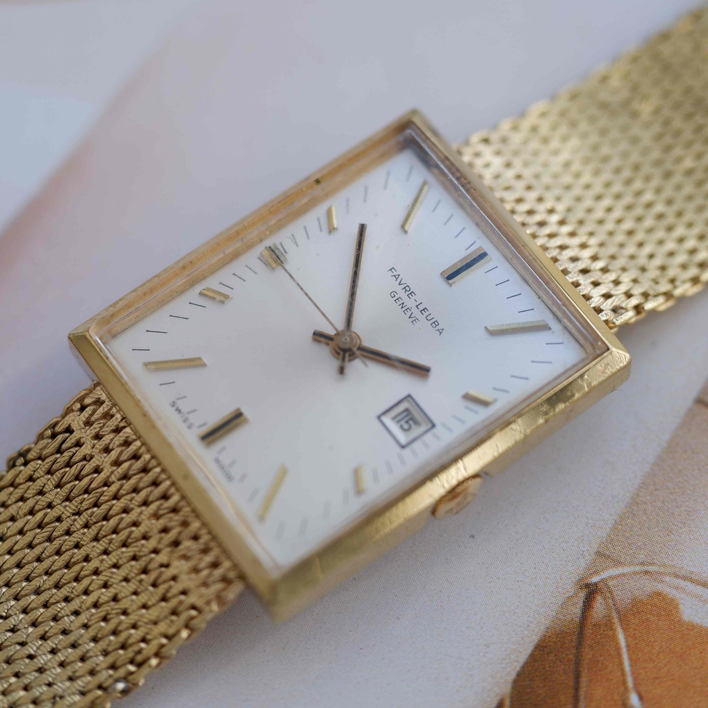Vintage Favre-Leuba 70s Swiss Mechanical Tank Watch Golden Mesh Bracelet