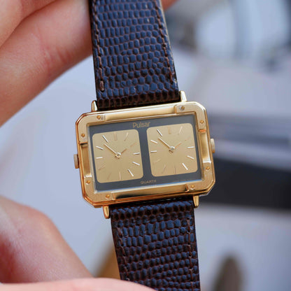 Vintage Pulsar Dual Time Twin Dial 80s Gold Watch – NOS with Box