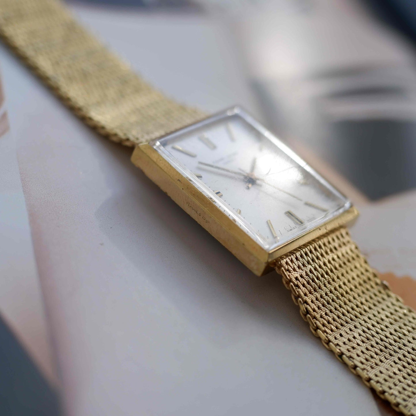 Vintage Favre-Leuba 70s Swiss Mechanical Tank Watch Golden Mesh Bracelet