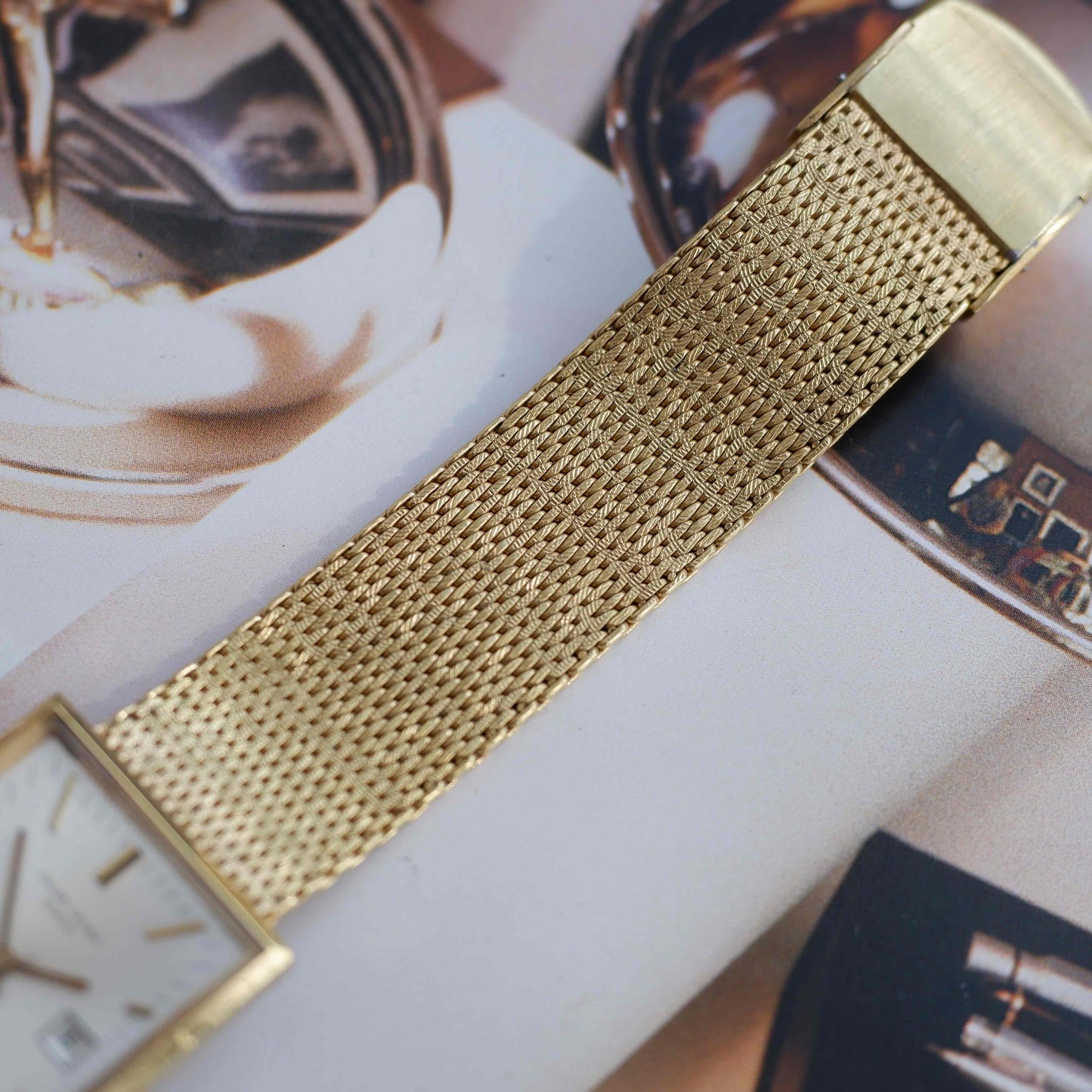 Vintage Favre-Leuba 70s Swiss Mechanical Tank Watch Golden Mesh Bracelet