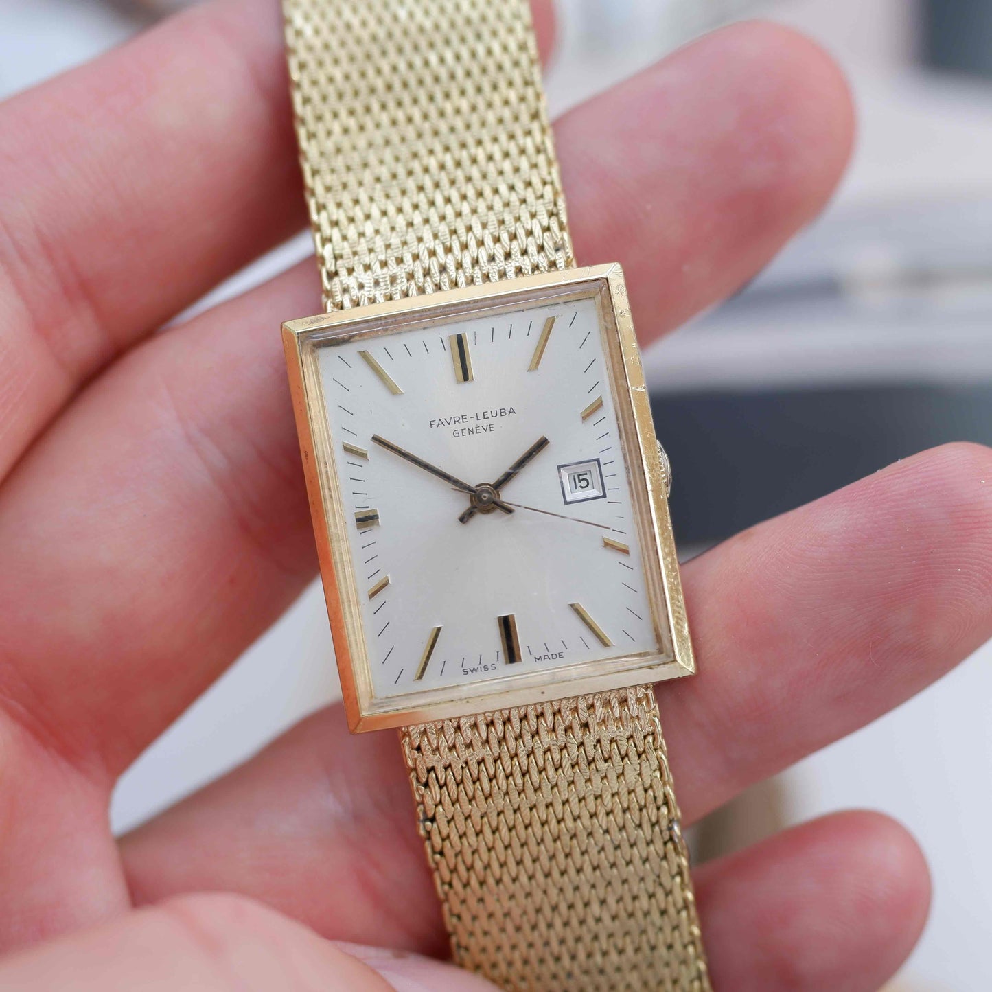 Vintage Favre-Leuba 70s Swiss Mechanical Tank Watch Golden Mesh Bracelet