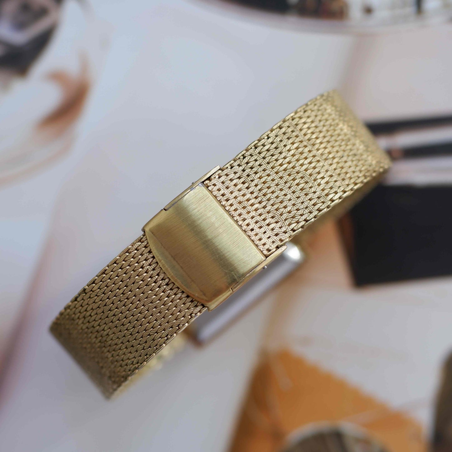 Vintage Favre-Leuba 70s Swiss Mechanical Tank Watch Golden Mesh Bracelet