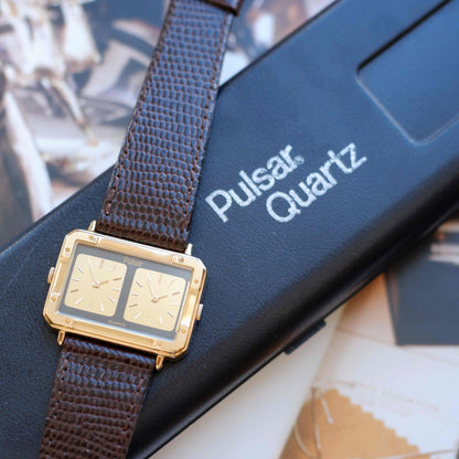 Vintage Pulsar Dual Time Twin Dial 80s Gold Watch – NOS with Box