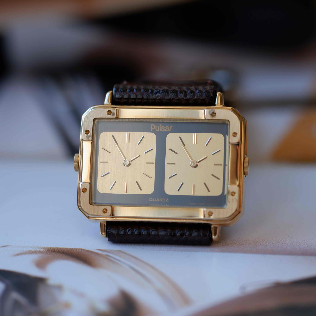 Vintage Pulsar Dual Time Twin Dial 80s Gold Watch – NOS with Box