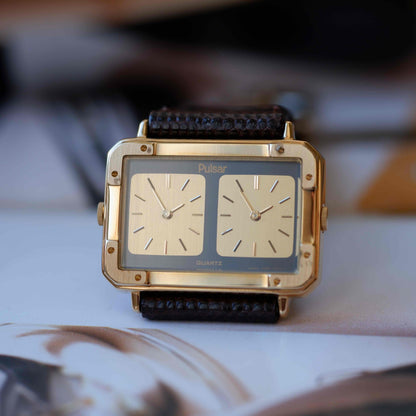 Vintage Pulsar Dual Time Twin Dial 80s Gold Watch – NOS with Box