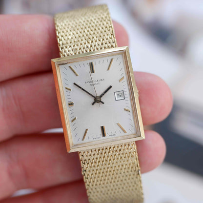 Vintage Favre-Leuba 70s Swiss Mechanical Tank Watch Golden Mesh Bracelet