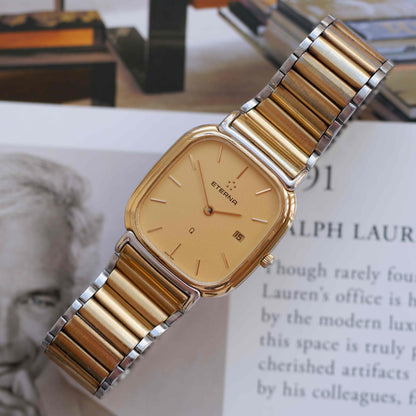 Vintage Eterna Tank Watch Two-Tone Champagne Dial Swiss Made 80s