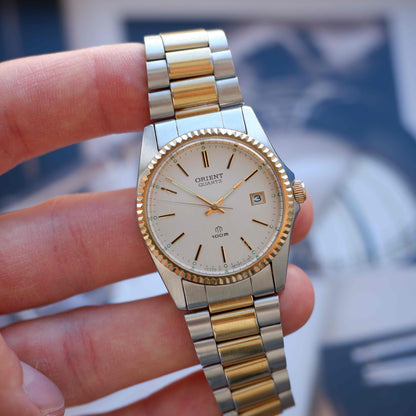 Vintage Orient Fluted Bezel Two-Tone 80s Brushed Silver Dial Quartz