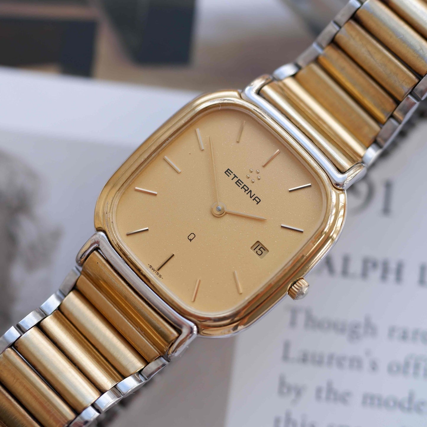 Vintage Eterna Tank Watch Two-Tone Champagne Dial Swiss Made 80s