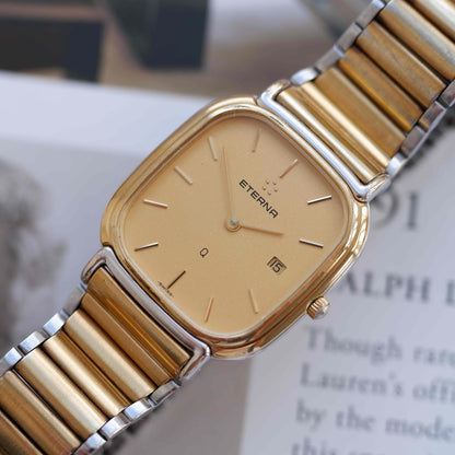 Vintage Eterna Tank Watch Two-Tone Champagne Dial Swiss Made 80s