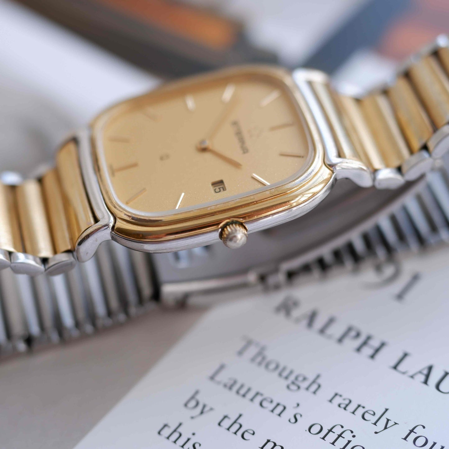 Vintage Eterna Tank Watch Two-Tone Champagne Dial Swiss Made 80s