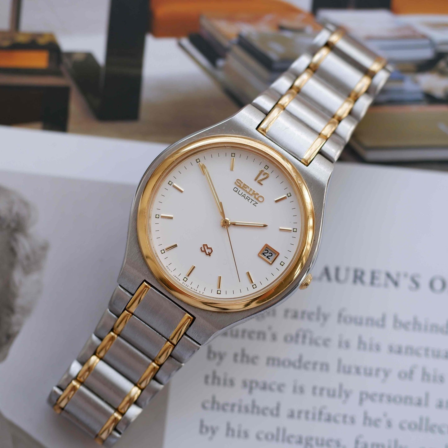 Vintage Seiko Quartz Date 90s Two-Tone Steel White Dial Japan Classic