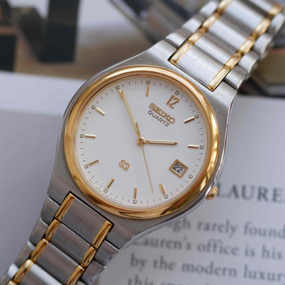Vintage Seiko Quartz Date 90s Two-Tone Steel White Dial Japan Classic