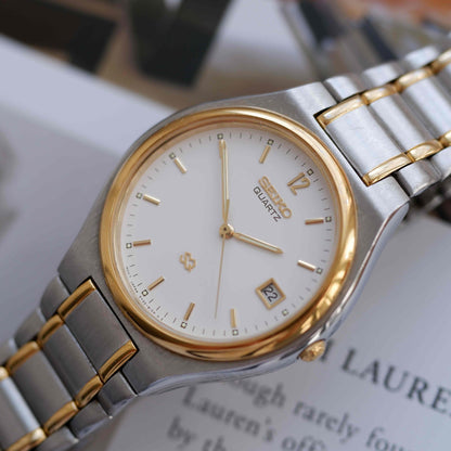 Vintage Seiko Quartz Date 90s Two-Tone Steel White Dial Japan Classic