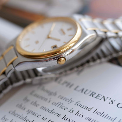 Vintage Seiko Quartz Date 90s Two-Tone Steel White Dial Japan Classic