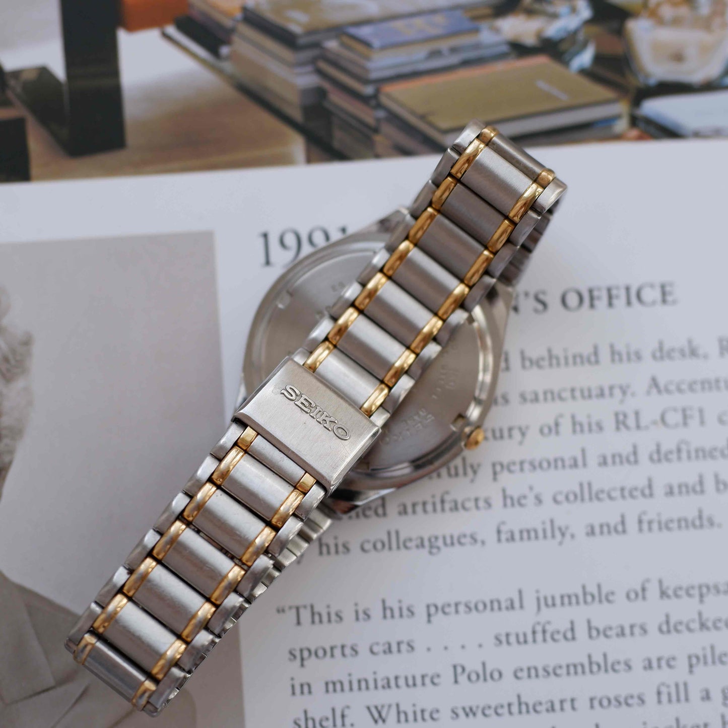 Vintage Seiko Quartz Date 90s Two-Tone Steel White Dial Japan Classic