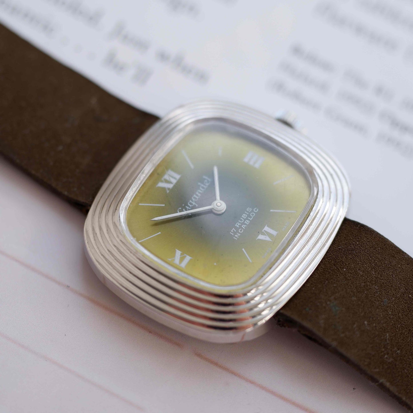 Vintage Gigandet Mechanical 70s Textured TV Case Green Dial Swiss Mint