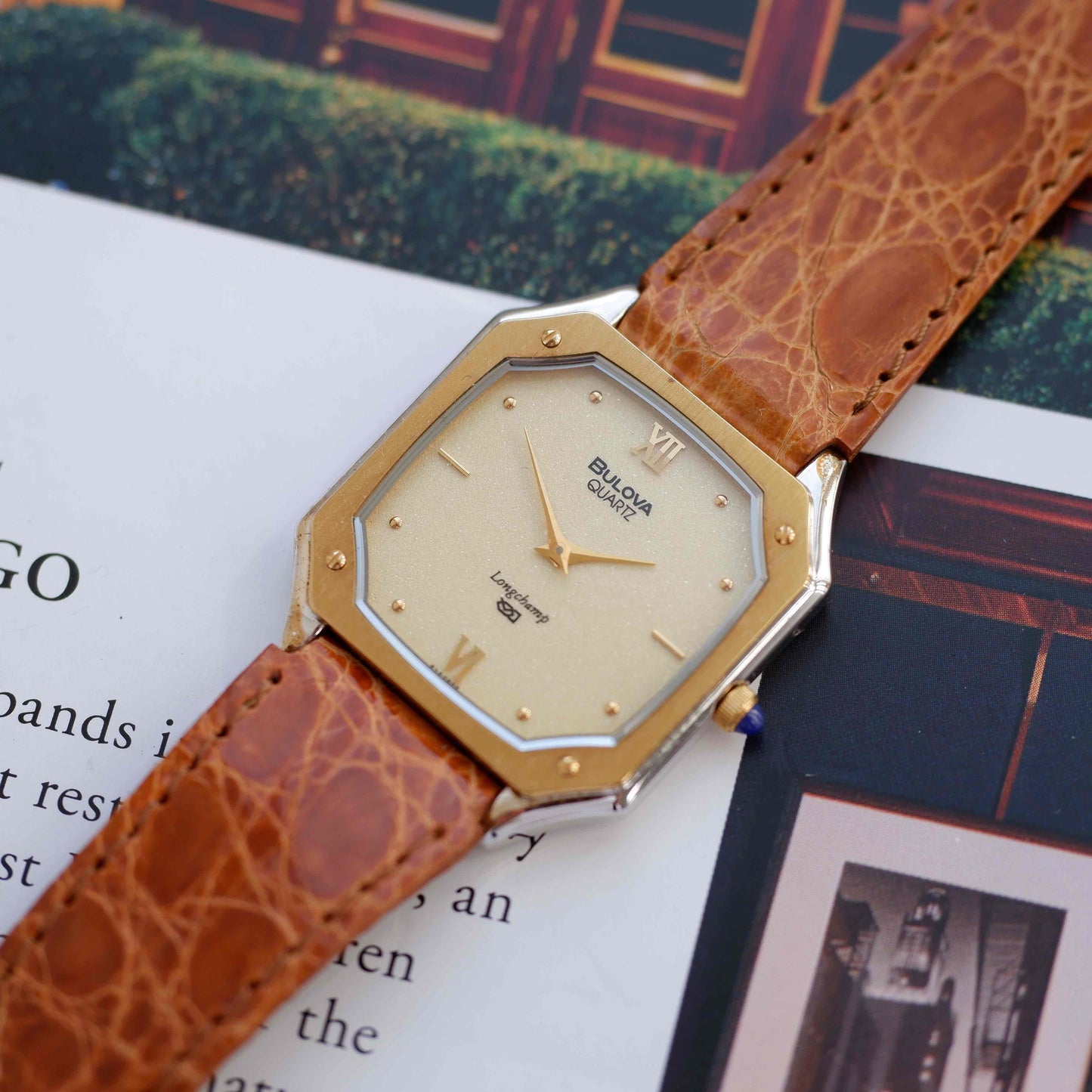 Vintage Bulova Longchamp 80s Sparkling Champagne Dial Octagonal Case NOS