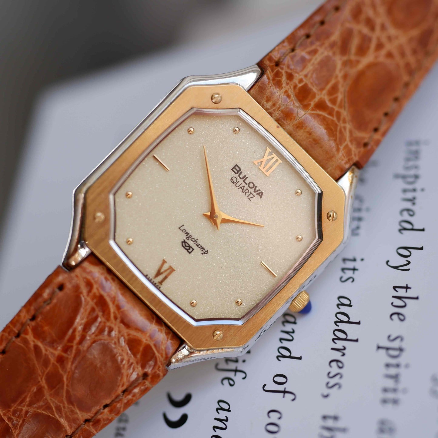 Vintage Bulova Longchamp 80s Sparkling Champagne Dial Octagonal Case NOS