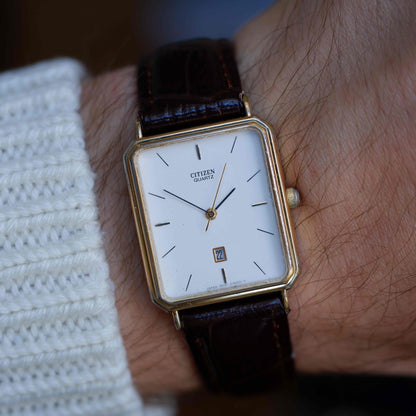Vintage Citizen Tank Dress Watch 80s Gold White Dial Quartz