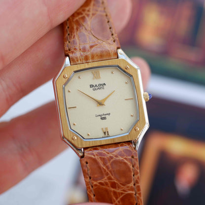 Vintage Bulova Longchamp 80s Sparkling Champagne Dial Octagonal Case NOS