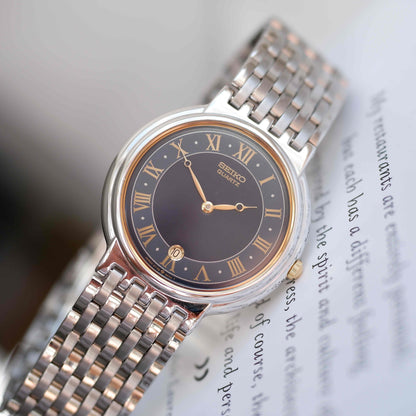 Vintage Seiko Quartz Blue Roman Dial Watch Gold Accents 90s Classic NOS