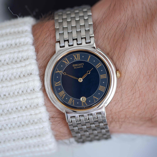 Vintage Seiko Quartz Blue Roman Dial Watch Gold Accents 90s Classic NOS