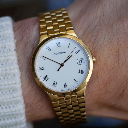 Vintage Certina Golden Watch 90s Roman White Dial Quartz MINT