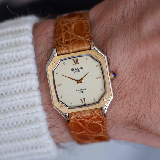 Vintage Bulova Longchamp 80s Sparkling Champagne Dial Octagonal Case NOS