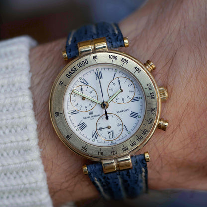 Vintage Michel Herbelin Newport Chronograph Watch 90s Roman Dial Gold Quartz MINT