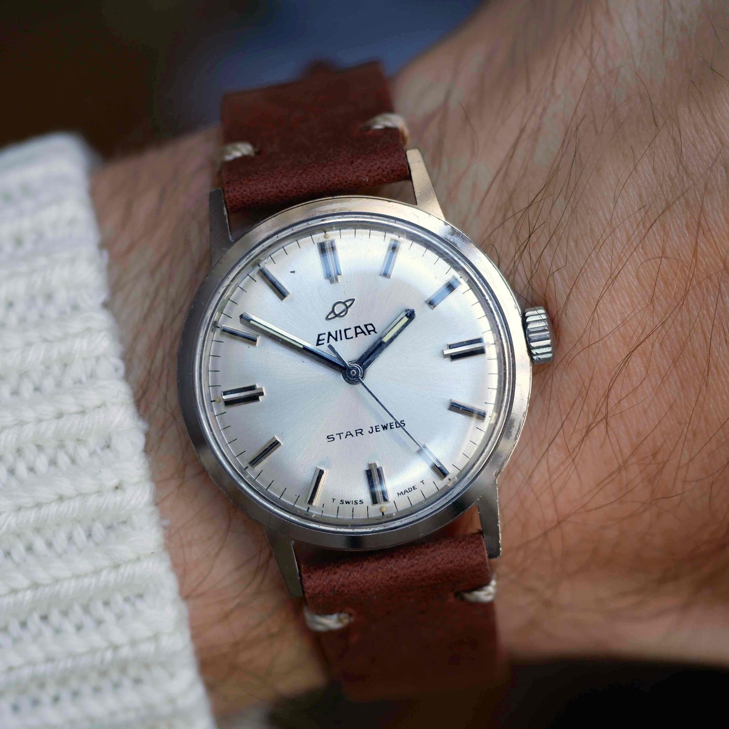 Vintage Enicar Star Jewels Silver Sunburst Dial Mechancial 60s