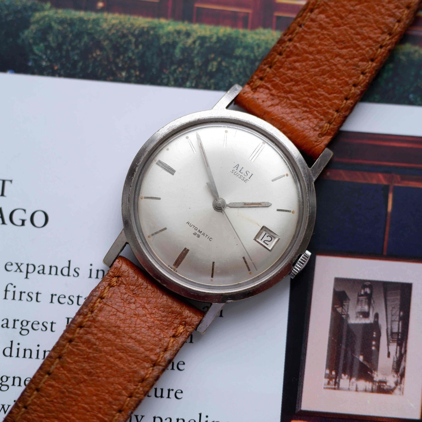 Vintage Alsi Suisse Automatic Watch 60s Sunburst Silver Dial Date